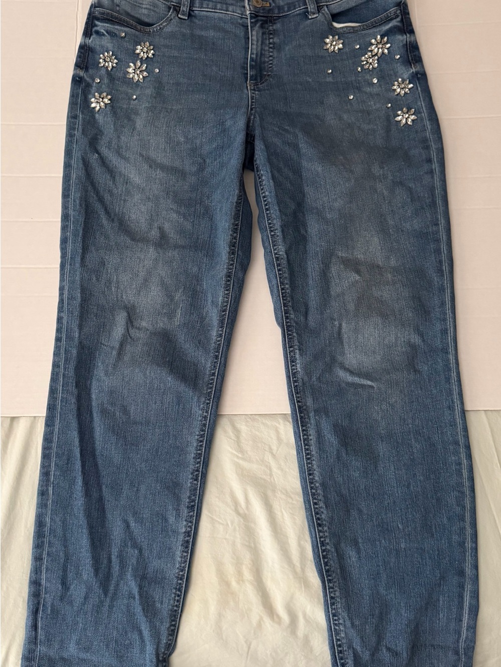 #116 Talbots Dark Blue Straight-Leg Jeans with Jeweled Floral Accents